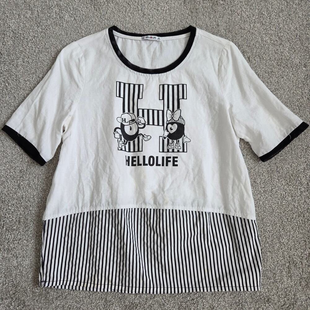 Kawaii Hellolife Linen Blend Top - Black & White Striped - As Is